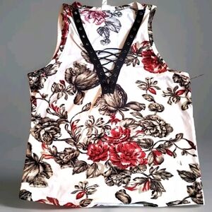 Vintage Floral Lace-Up Blouse - Red and Black